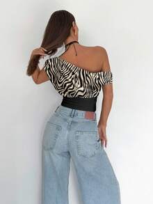 Siren Gaze Women's Casual Elegant Ruched Cropped Oblique Shoulder Top, Suitable For Summer, Everyday Wear, Zebra Print, Color Blocking - Multicolor - View 2