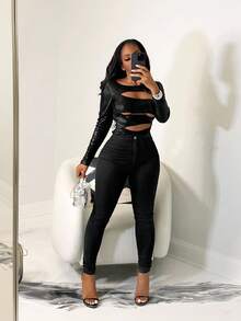 BamGleam Women's Crew Neck Long Sleeve Cutout Design Fitted Sexy T-Shirt