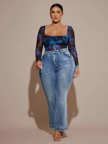 SHEIN BAE Quần jeans ống loe bó sát co giãn màu xanh cỡ lớn, mùa hè dành cho nữ, quần jeans mùa hè, quần Cottagecore, phong cách Old Money dành cho nữ, kỳ nghỉ, Gyaru, trang phục phương Tây dành cho nữ, quần jeans lễ Phục sinh, quần jeans hòa nhạc dành cho nữ, lễ hội Rave, quần jeans cạp cao, quần jeans họa tiết - Rửa trung bình - Xem 4