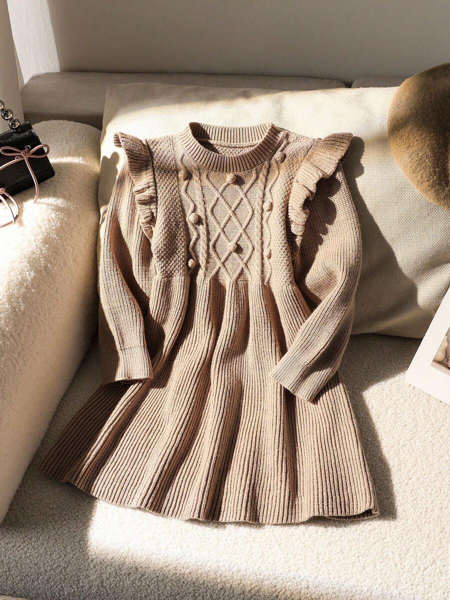 女童秋冬毛衣裙，荷叶边下摆+编织钻石图案设计，可爱优雅的针织公主裙