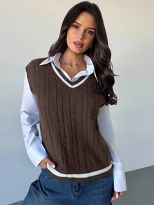 Firerie Áo len chui đầu cổ chữ V dệt kim sọc tương phản màu dành cho nữ (Không bao gồm áo), Áo len đi làm hàng ngày, Đa năng, Thiết yếu, Thu/Đông, Đi làm, Thanh lịch, Thường ngày, Hàng ngày, Công sở - màu nâu - Xem 3