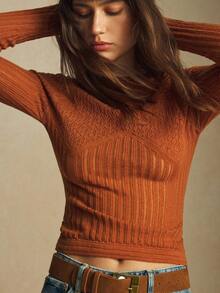 BizChic 2025 Autumn/Winter New Vintage 90's Modern Urban Elegant Romantic Workwear Suitable For Office, Commute, Wedding Guest, Party, Concert, Brunch, Airport, Daily Fashion, Textured Fitted Sweater Suitable For Halloween, Christmas Chocolate Brown New For Autumn - Yellow - View 8