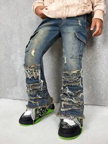 SHEIN 年轻男孩时尚复古设计做旧复古水洗撕破毛边拼接高弹力修身蓝色牛仔裤，带工装口袋，休闲百搭，适合儿童秋冬户外服装 - 中等水洗藍 - 查看 1