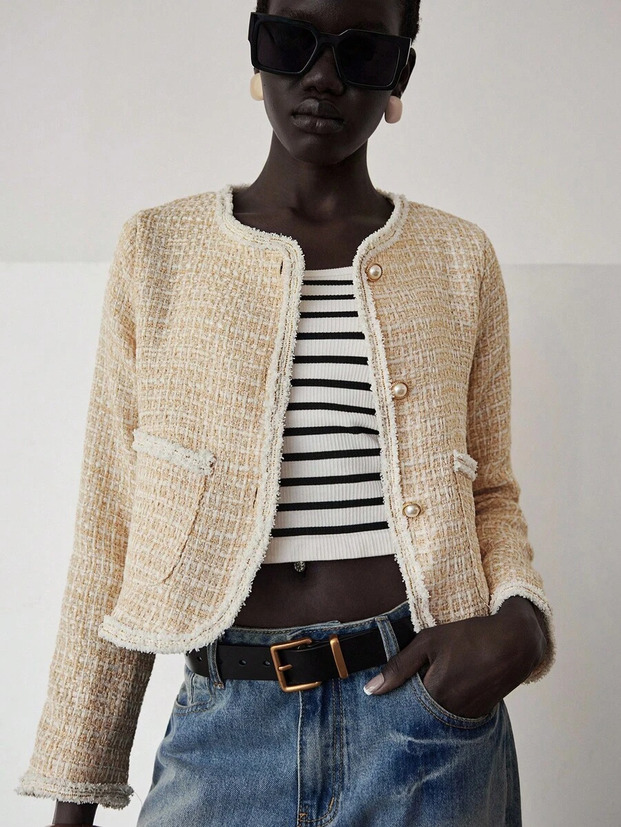 Lumivelle Light Yellow Fabric Patchwork Ribbon Short Jacket - Light Yellow - View 1