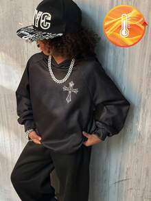 Coolane Conjunto informal de 2 piezas con capucha para adolescentes varones, con diseños de alas de ángel, cruz, textura de rosa, apuesto, punk, actitud, joven, personalidad - Negro - Ver 2