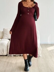 SHEIN Đầm suông dài tay cổ vuông thiết kế nút màu trơn cho bà bầu - Màu Đỏ Sâu - Xem 8