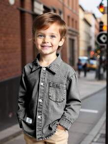 SHEIN Genkimix Kids 小男孩牛仔衬衫，带口袋，字母印花和标志，休闲时尚街头服饰，酷炫返校风 - 黑色 - 查看 7