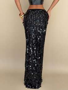 Almamuse 闪亮派对亮片 Y2K 风格百搭女式长裙 - 黑色 - 查看 2