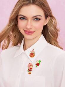 Strawberry Shortcake X SHEIN 3 件时尚 3D 浮雕骷髅和花朵锌合金胸针，金色徽章礼物，适合外套、衬衫、西装、包包、万圣节 - 彩色 - 查看 4