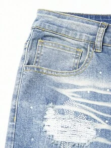 ROMWE MEN Street Life Jeans desgastados y rasgados con diamantes de imitación para hombre - Celeste - Ver 4