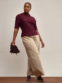 MUSERA Plus Plisse 高领落肩短袖上衣，冬季，日常，可爱，休闲，舒适，Gallerie 节日，假日，派对，春夏复活节 - 酒紅色 - 查看 5