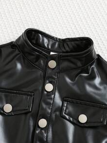 2 件套婴儿男童/女童休闲舒适百搭立领长袖厚 PU 夹克和休闲工装裤套装，适合冬季 - 黑色 - 查看 7