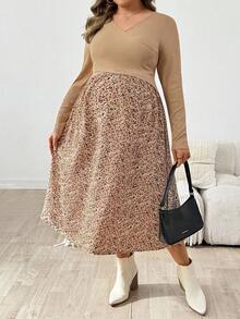 SHEIN Vestido plus size para maternidade, casual, estampa floral, gola sobreposta, cintura ajustável, primavera/outono - Damasco - Ver 6