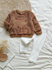SHEIN Vintaside Kids 2件套女婴休闲长袖上衣和紧身裤套装 - 咖啡棕 - 查看 6
