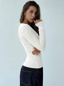 Aloruh Fashionable Deep V-Neck Long Sleeve Fitted Vintage Cable Knit Pullover Sweater,Elegant White Autumn Casual Top For Women,Versatile Date Knitwear - White - View 3