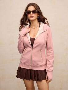 Activina Women's Solid Color Raglan Sleeve Zipper Front Hooded Thermal Lined Sports Jacket, Autumn/Winter - Pink - View 7