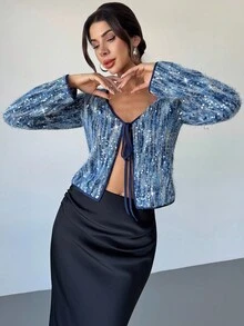 Firerie Women's Sequin Embroidered Front Tie Blouse,Navy Blue Faux Fur Sweater Top,Long Sleeve,Elegant Autumn Party Night Boho Beach Concert Club - Multicolor - View 3