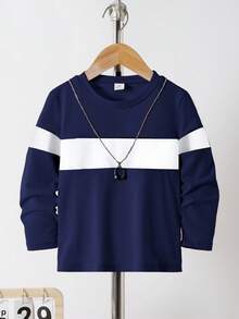 Sparklyn Camiseta de manga larga con cuello redondo y diseño de bloque de color para niños pequeños, con estilo deportivo, adecuada para primavera y otoño, actividades al aire  uso diario, se puede usar como camiseta interior o como prenda exterior, cómoda de llevar Tops de manga larga para niños