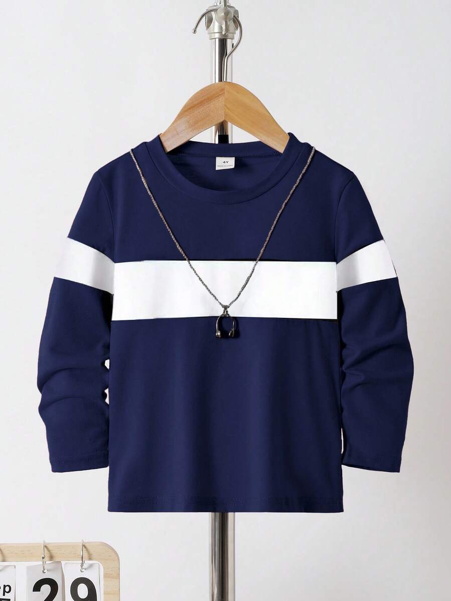 Sparklyn Camiseta de manga larga con cuello redondo y diseño de bloque de color para niños pequeños, con estilo deportivo, adecuada para primavera y otoño, actividades al aire  uso diario, se puede usar como camiseta interior o como prenda exterior, cómoda de llevar Tops de manga larga para niños