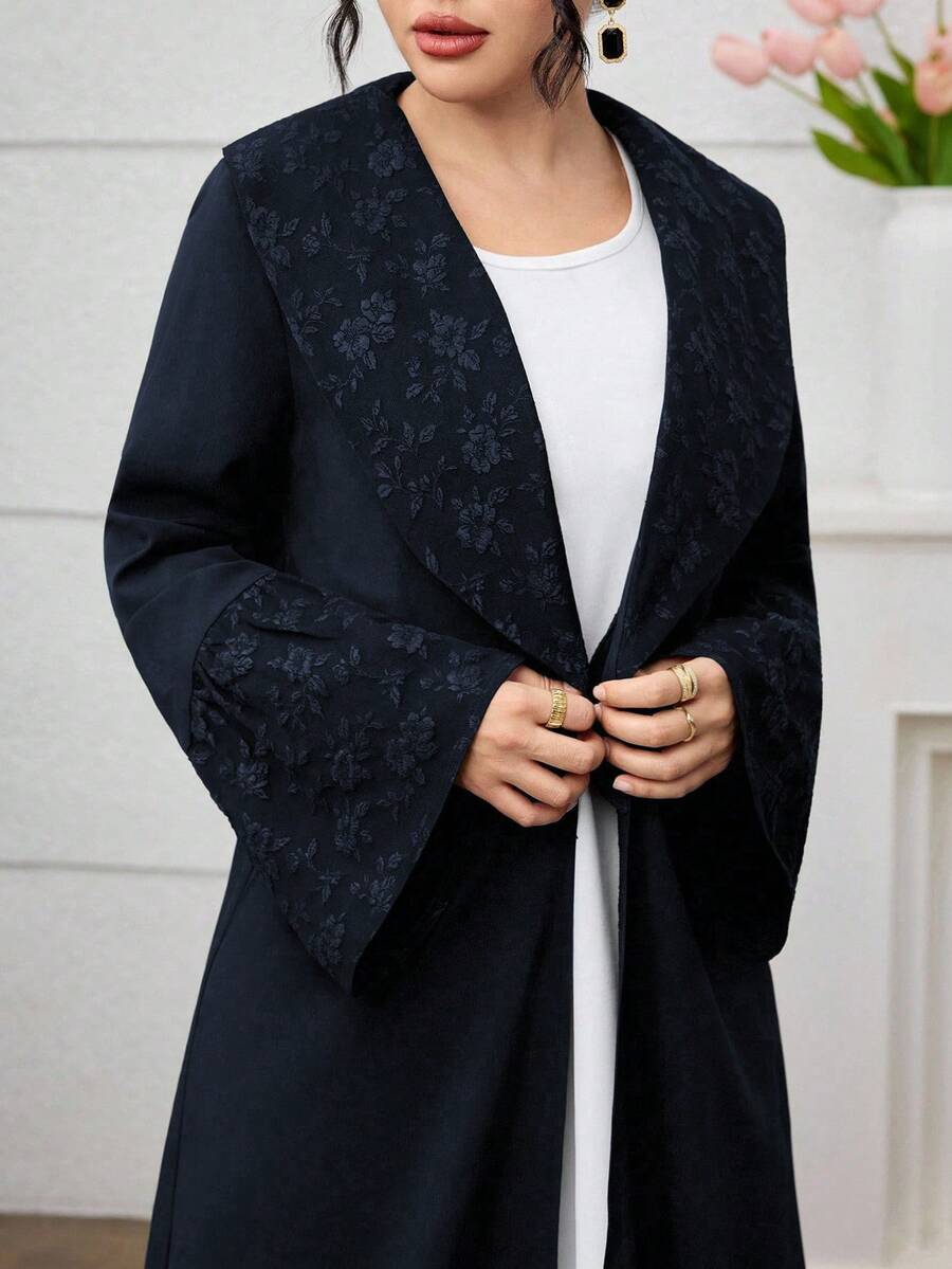 Yasmyna Elegant Jacquard Patchwork Solid Color Long Maxi Robe With Oversized Collar Abayas - Navy Blue - View 1