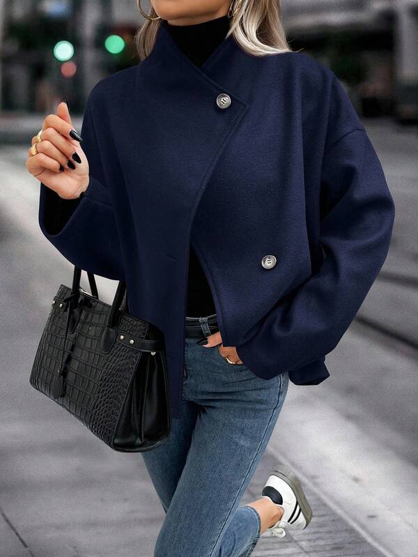 EMERY ROSE Cappotto corto casual da donna con colletto alla coreana e maniche lunghe, colore unito, autunnale