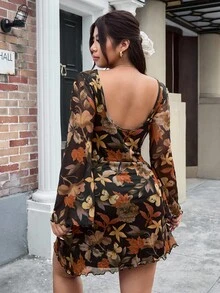 SHEIN EZwear 大码女式休闲露背花卉印花网眼连衣裙，秋冬 - 彩色 - 查看 6