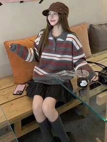 DAZY 女士休闲条纹韩版翻领长袖毛衣 - 灰色 - 查看 3