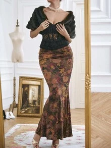 SHEIN Unity Vintage Elegant Multi-Color Brown Printed Pleated Flocked Knit Bodycon Mermaid Hem Skirt, Suitable For Party And Casual Wear, Autumn/Winter - Multicolor - View 5