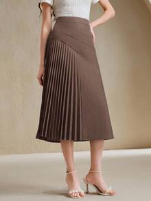 Anewsta 女士商务半身裙，简约百褶设计，优雅气质，秋季 - 咖啡棕 - 查看 4
