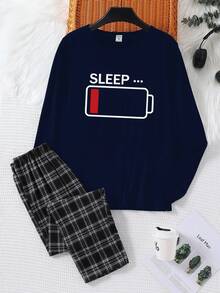 2 件男童休闲圆领长袖睡衣套装，含 SLEEP 印花上衣和格子宽松裤，柔软针织面料 - 藏蓝色 - 查看 4