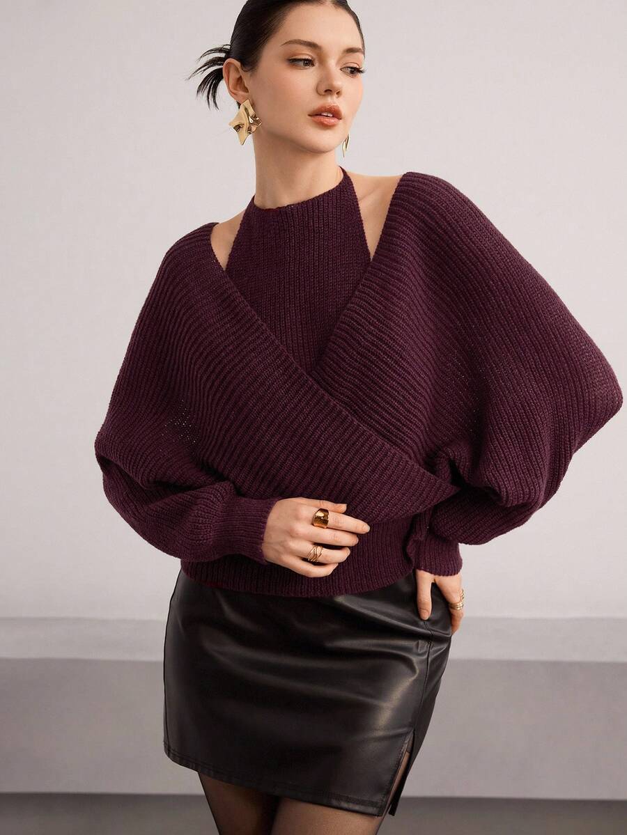 Modelyn 秋冬女士交叉领长袖时尚浆果色毛衣 - Red Plum - 查看 1