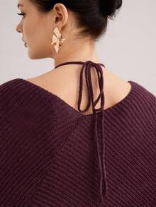 Modelyn 秋冬女士交叉领长袖时尚浆果色毛衣 - Red Plum - 查看 7