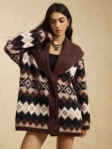 Easelle Vintage Women's Bohemian Style Geometric Pattern Long Sleeve Casual Knit Cardigan, Christmas Sweater Autumn/Winter New Year