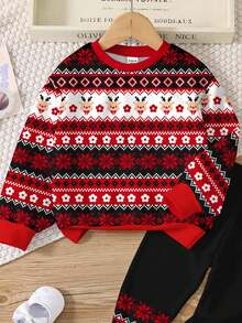 SHEIN Bộ 2 món/Bộ thời trang thường ngày cổ điển cho bé gái hình bông tuyết, chuông, hoa, quà tặng, tuần lộc in hình dễ thương, cổ tròn, tay dài, áo nỉ và quần legging, thích hợp cho mùa thu/đông, Giáng sinh - Nhiều màu - Xem 5