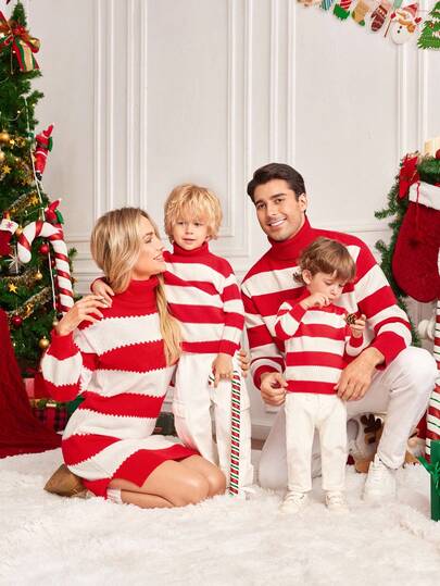 Manfinity RelaxMax Suéter de cuello alto de manga larga a rayas para hombre, conjunto familiar de Navidad