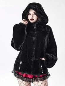 ROMWE 女士秋冬时尚暗黑朋克风格拉链连帽仿皮草夹克 - 黑色 - 查看 12
