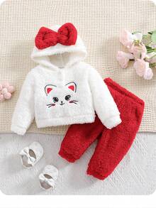 SHEIN 新生女婴可爱蓬松卡通图案连帽上衣和松紧腰裤两件套，秋冬 - 彩色 - 查看 2
