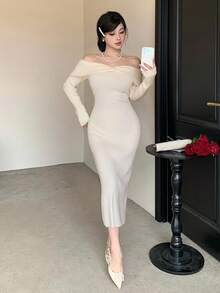 DAZY 优雅露肩扭结设计中长毛衣裙，适合冬季、新年、圣诞节、婚礼、派对、时尚活动 - 米色 - 查看 7