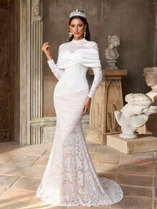 Aureia 优雅奢华立领荷叶边蕾丝透视法式复古蕾丝边性感美人鱼拖尾婚纱 - 白色 - 查看 2