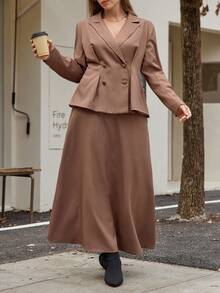 Calvaya Plus Size Solid Color Double-Breasted Jacket And Skirt Suit, Commuting Style,Brown Suit, - Coffee Brown - View 7