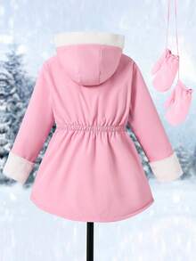 SHEIN Tween 女童休闲百搭日常校园秋冬保暖卡其色人造毛皮衬里拼布黑色棉服外套，配手套 - 粉色 - 查看 2