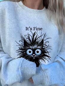Veykashi Halloween Casual I'M FINE Cat Graphic Print Loose Fit Thick Crew Neck Long Sleeve Hoodie Sweatshirt, Autumn/Winter Fall Cute Sweatshirt Halloween Sweatshirt Oversized Sweatshirt Women Women Sweatshirts Graphic Sweatshirts Oversized Sweatshirt Woman Women Sweatshirts