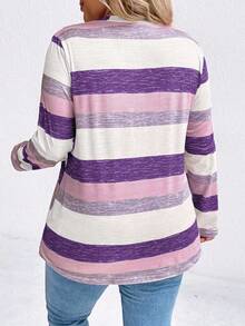 SHEIN Plus Size Colorblock Striped Long Sleeve T-Shirt, Casual For Autumn Tees Women Tops For Spring Fall - Purple - View 2
