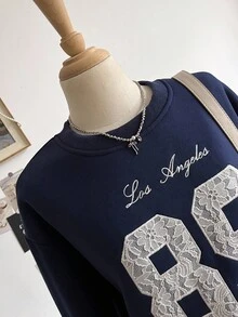 Sweetra Young Teenage Girls' Sweatshirt, Fashion Casual Versatile, Navy Blue Long Sleeve With Lace Applique Embroidery On Chest, Ribbed Cuffs, Lace Hem, Suitable For Autumn/Winter Outings, Commuting, Travel, Can Be Paired With Sweatpants, Jeans, Jackets