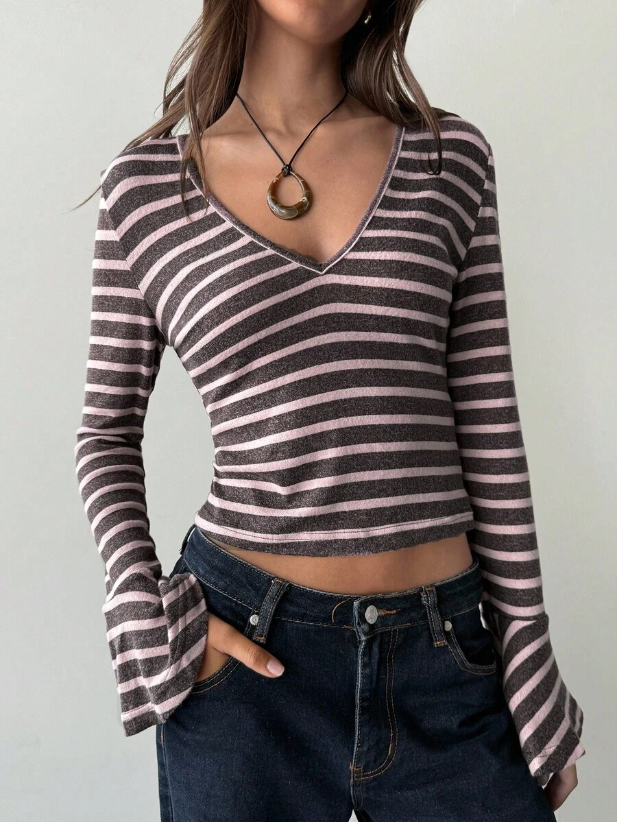 Aloruh Áo thun dài tay ôm sát họa tiết sọc cổ chữ V sâu gợi cảm dành cho nữ, mùa thu/đông - Nhiều màu - Xem 1