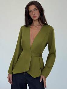 Aloruh Blazer de mujer de unicolor con cuello en V profundo para otoño/invierno - Verde militar - Ver 6
