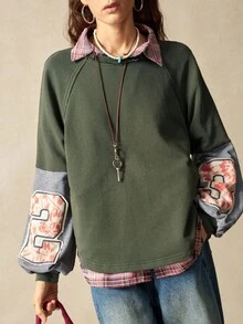 Bohemela Áo nỉ dệt kim chắp vá cổ tròn dáng rộng thoải mái dành cho nữ mùa thu đông - màu xanh lá - Xem 5