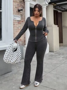 SHEIN EZwear 秋季大码休闲前拉链上衣和裤子两件套 - 灰色 - 查看 3