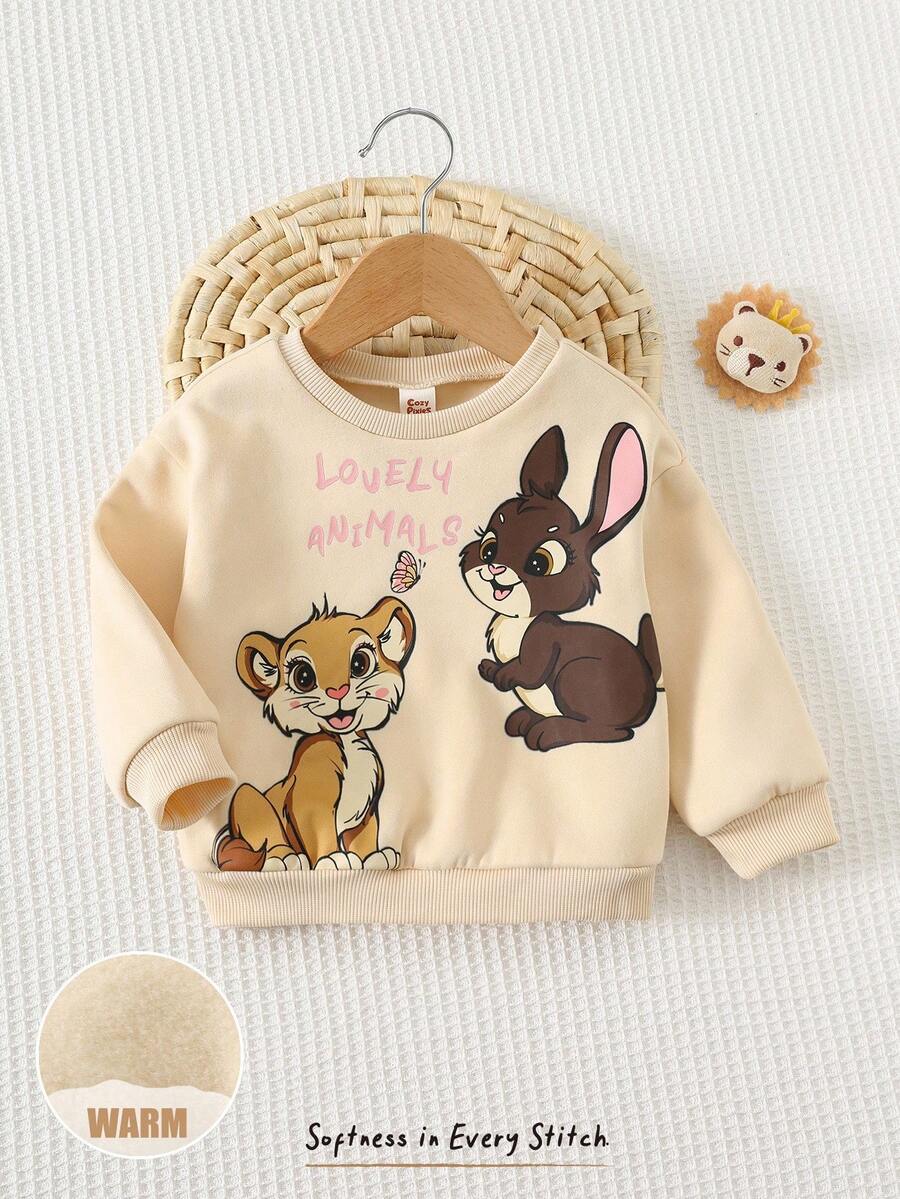 Cozy Pixies 女婴卡通狮子兔子图案圆领长袖套头卫衣，舒适百搭时尚休闲可爱基础款，适合秋冬季室内外休闲、滑雪、返校、日常穿着、运动、玩耍等场合。
