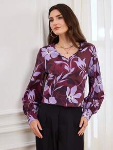 Miaspire Women's Floral Print V-Neck Lantern Sleeve Loose Fashion Blouse - Multicolor - View 5